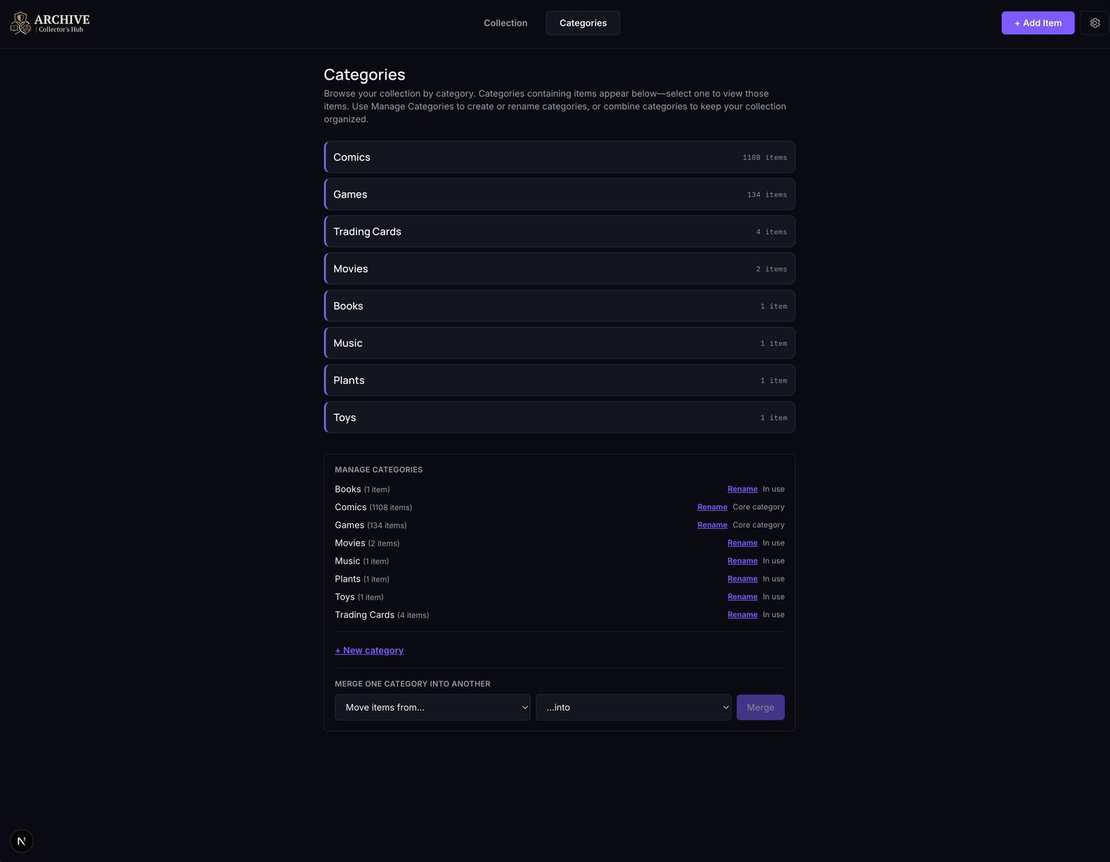 Categories screen listing Comics, Games, Trading Cards, Books, Movies, Music, Plants and Toys with item counts