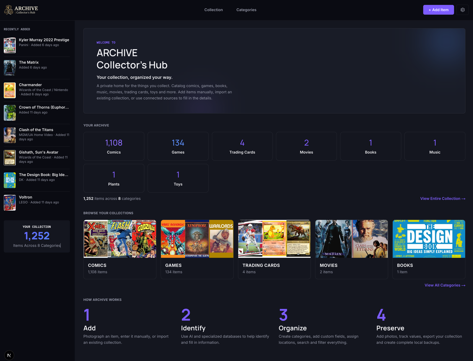 My Collection Ledger home screen showing 1,254 items across 8 categories