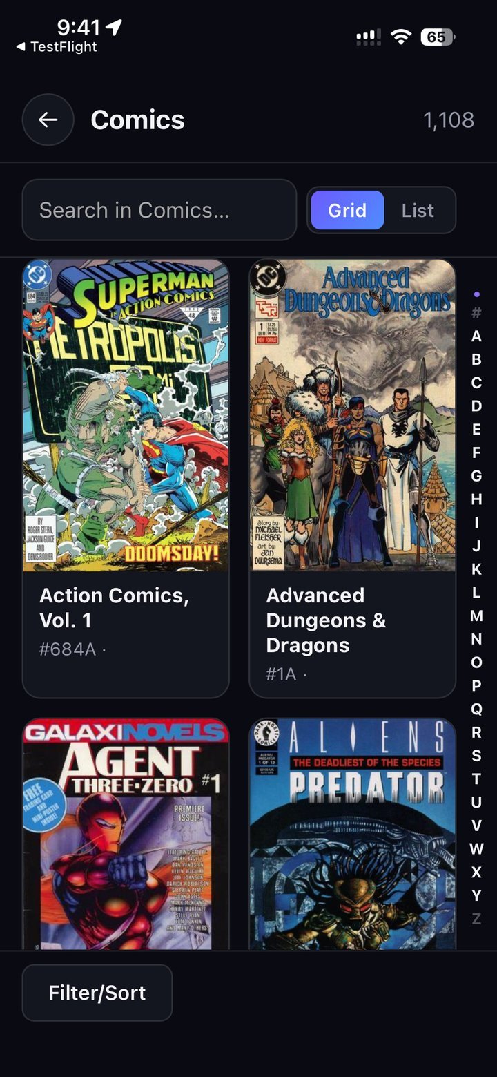 My Collection Ledger for iPhone showing the Comics category in grid view with A–Z navigation