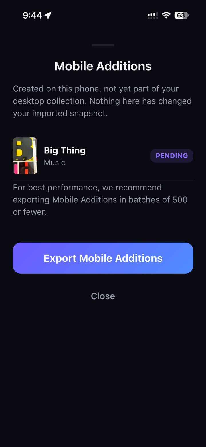 My Collection Ledger for iPhone showing the Mobile Additions screen with an Export Mobile Additions button